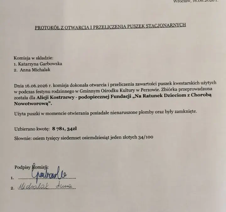 Mieszkańcy Gminy Perzów zebrali znaczącą kwotę na leczenie Alicji Kostrzewy